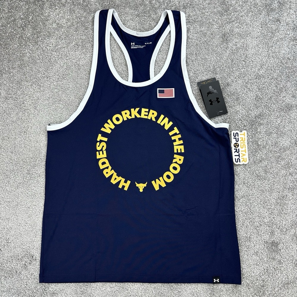 Under Armour Project Rock Tank Top Mens Size Small Blue IsoChill Hardest Worker